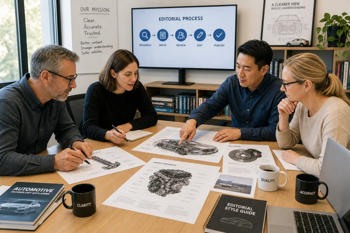 Editorial team reviewing family vehicle maintenance diagrams, 1200x800