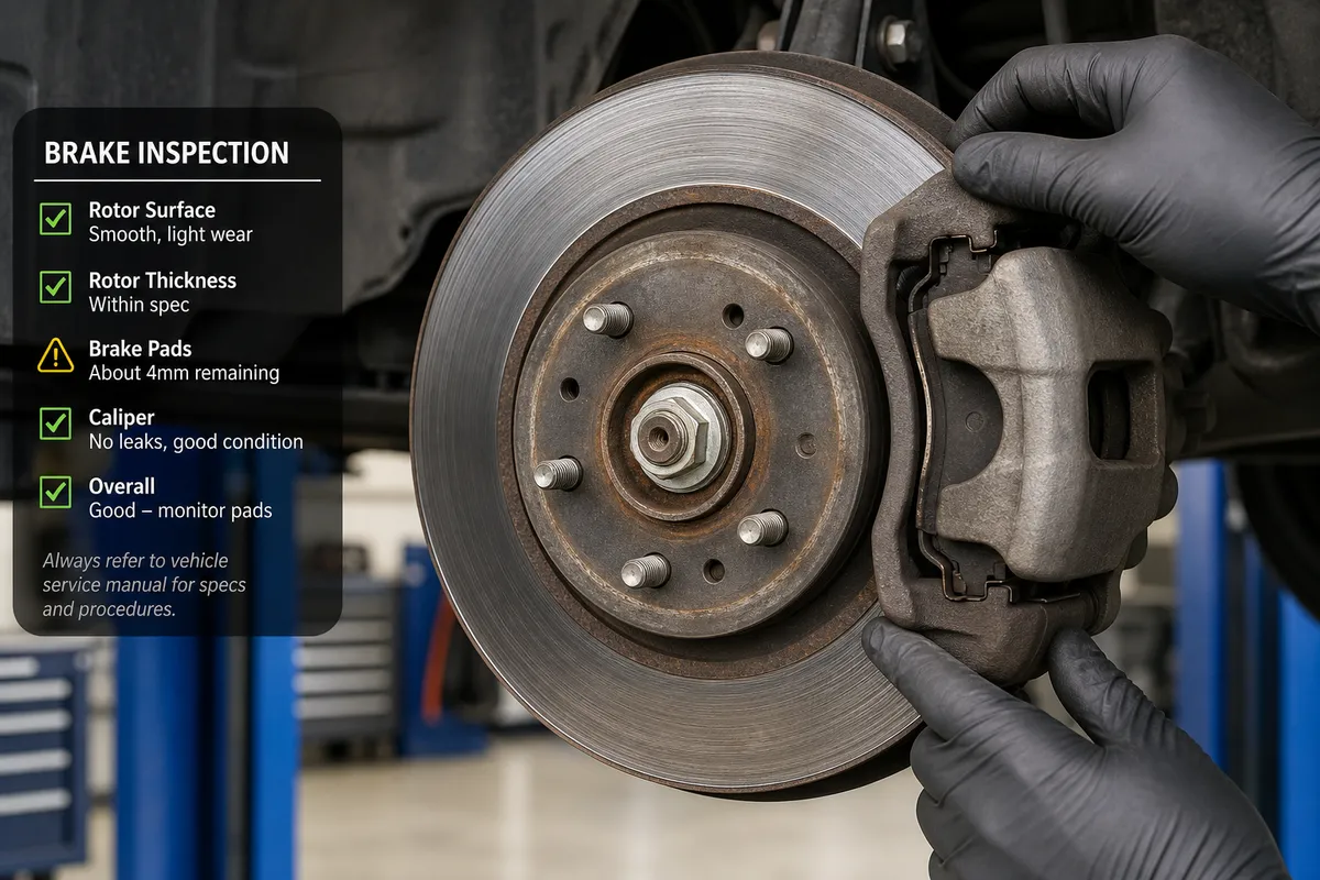 Technician measuring brake pad thickness on family SUV before long highway trip, 1200x675