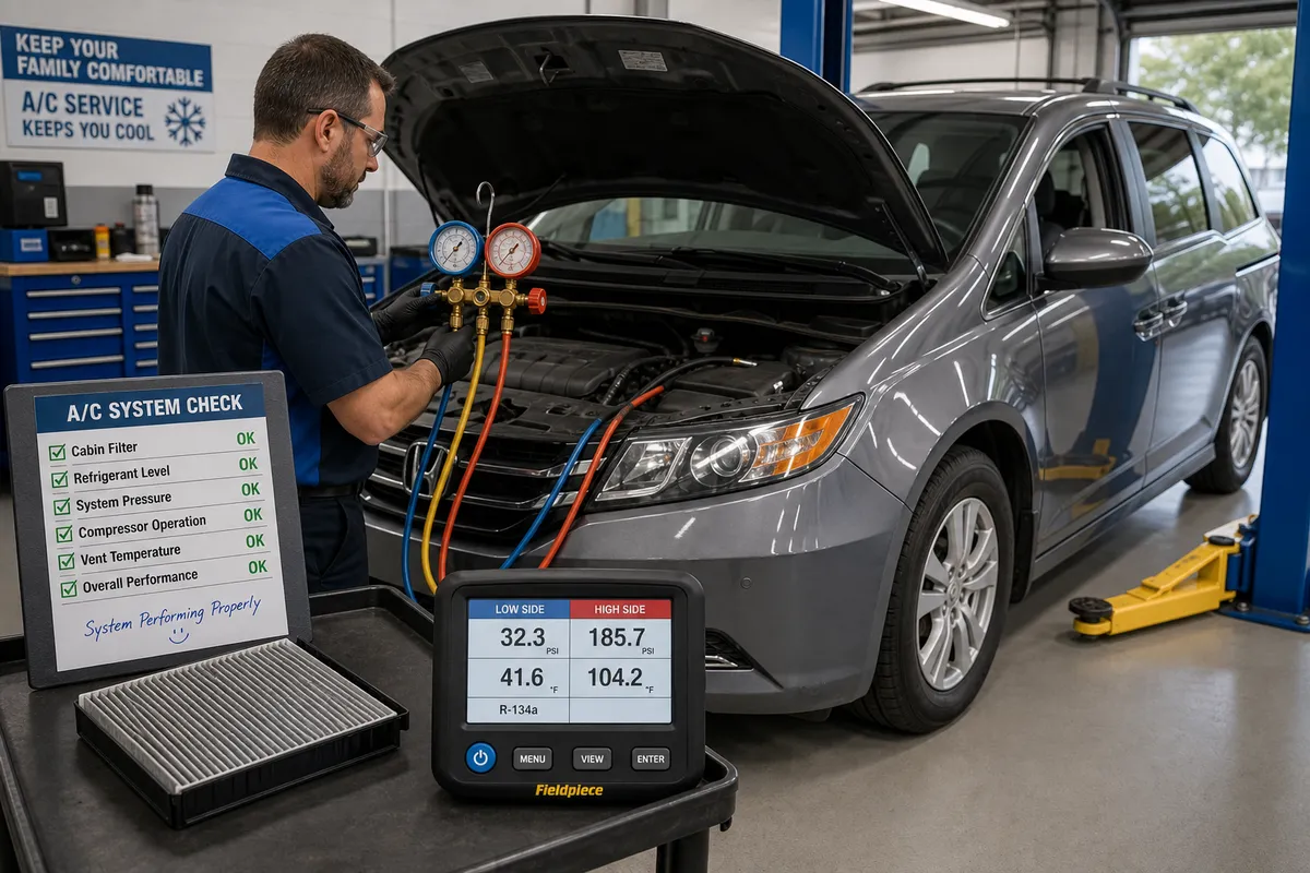 Technician checking cabin air conditioning performance on family minivan during pre-trip service, 1200x675