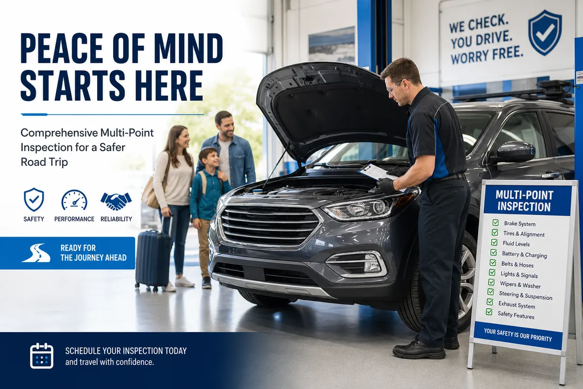 Family reviewing pre-trip vehicle inspection checklist beside minivan in service bay, 1200x675